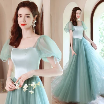 Élégant Vert Citron Robe De Bal 2021 Princesse Encolure Carrée Gonflée Manches Courtes Dos Nu Noeud Longue Robe De Ceremonie