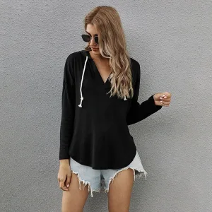 Comfortable Fall Winter Casual Black Solid Color Hooded Loose Sweatshirts 2021 V Neck Long Sleeve Women Tops