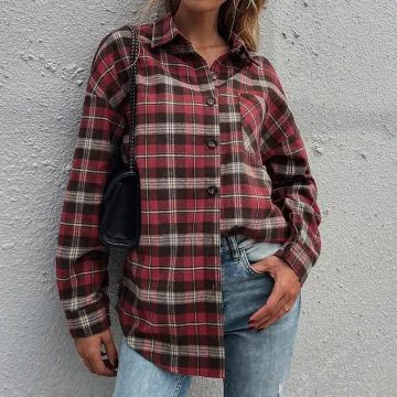 Chic Beautiful Fall Winter Street Wear Loose Red Plaid Blouses 2021 Lapel Long Sleeve Women Tops
