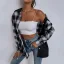 Désinvolte Tomber Hiver Noire Blanche Plaid Ample Blouses 2021 Revers Manches Longues Femme Hauts