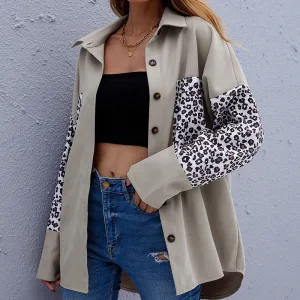 Fashion Beige Fall Winter Street Wear Leopard Print Blouses 2021 Lapel Long Sleeve Loose Women Tops