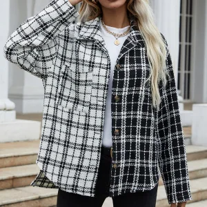 Fashion Two Tone White Black Plaid Fall Winter Street Wear Coats Jackets 2021 Lapel Loose Long Sleeve Women Tops