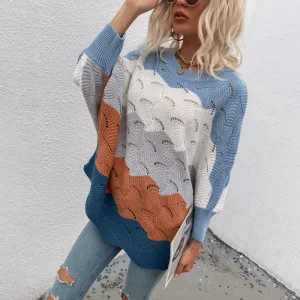 Fashion Fall Winter Grey Multi Colors Stripe Street Wear Sweaters 2021 Knitting Scoop Neck Long Sleeve Loose Women Tops