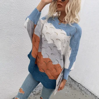 Fashion Fall Winter Grey Multi Colors Stripe Street Wear Sweaters 2021 Knitting Scoop Neck Long Sleeve Loose Women Tops