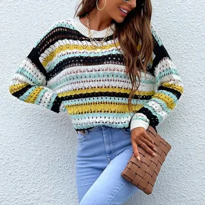 Mode Tomber Hiver Vêtement De Rue Plage Multi Couleurs Bande Percé Chandails 2021 Encolure Dégagée Manches Longues Ample Femme Hauts
