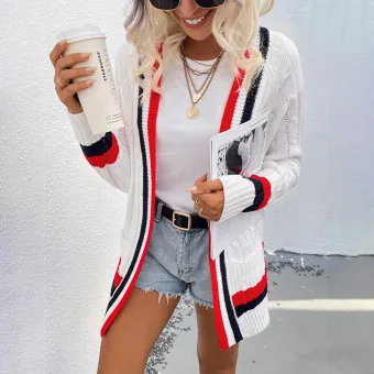 Fashion Fall Winter Street Wear White Knitting Stripe Sweaters 2021 Long Sleeve Loose Women Tops