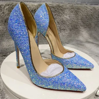 Scintillantes Bleu Ciel Paillettes Cocktail Soirée Chaussures Femmes 2021 12 Cm Talons Aiguilles À Bout Pointu Talons Hauts