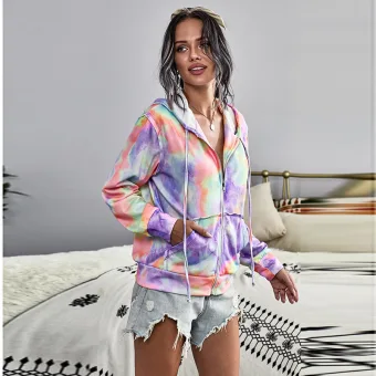 Fashion Fall Winter Street Wear Multi Colors Tie Dye Sweatshirts 2021 V Neck Long Sleeve Loose Hooded Women Tops