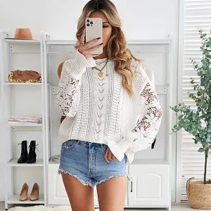 Chic Beautiful Casual Fall Winter White Knitting Sweatshirts 2021 Scoop Neck Long Sleeve Cotton Loose Women Tops