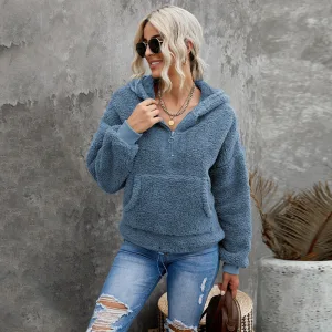 Fashion Fall Winter Ocean Blue Street Wear Plush Hooded Sweatshirts 2021 Long Sleeve Loose Women Tops