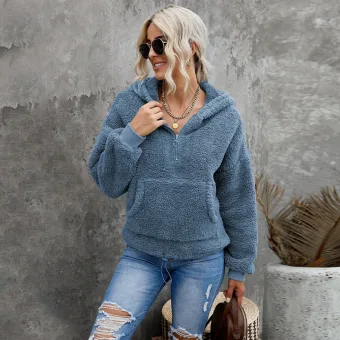 Fashion Fall Winter Ocean Blue Street Wear Plush Hooded Sweatshirts 2021 Long Sleeve Loose Women Tops