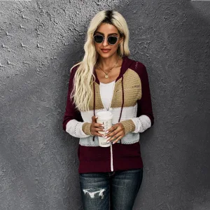 Fashion Fall Winter Burgundy Multi Colors Stripe Street Wear Hooded Sweatshirts 2021 Long Sleeve Loose Women Tops