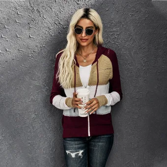 Fashion Fall Winter Burgundy Multi Colors Stripe Street Wear Hooded Sweatshirts 2021 Long Sleeve Loose Women Tops