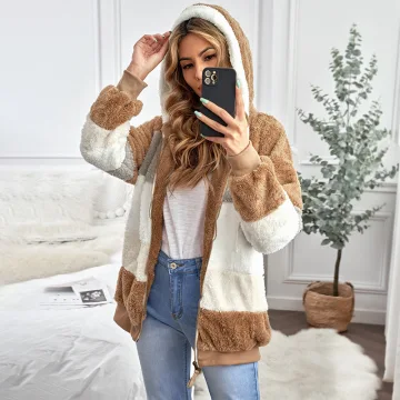 Mode Vallen Winter Straatkleding Khaki Lapwerk Pluche Capuchon Coats Jackets 2021 Lange Mouwen Dames Topjes