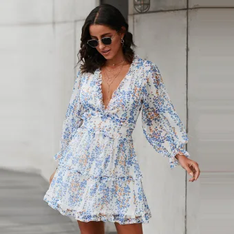 Sexy Summer Resort Wear White Floral Women Dresses 2021 Chiffon V Neck Long Sleeve Backless Loose