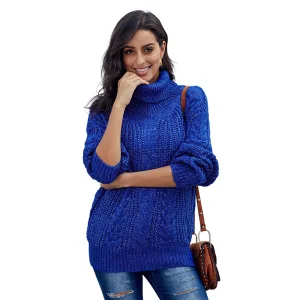 Confortable Tomber Hiver Bleu Roi Vêtement De Rue Tricot Ample Chandails 2021 Col Haut Manches Longues Femme Hauts