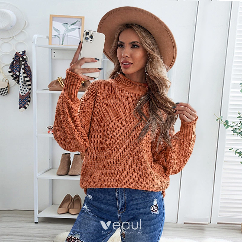 Veaul Comfortable Fall Winter Orange Casual Knitting Sweaters 2021 Cotton Loose High Neck Long