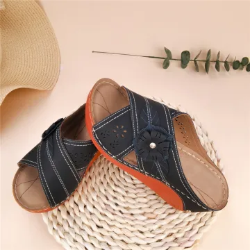 Komfortabel Svart Strand Casual Sommer Blomst Sandaler Dame 2021 6 Cm Kilehæl Peep Toe Sandaler