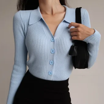 Sexy Sky Blue Fall Winter Street Wear Knitting Tight Sweaters 2021 V Neck Lapel Long Sleeve Women Tops