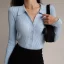 Sexy Sky Blue Fall Winter Street Wear Knitting Tight  Sweaters 2021 V-Neck Lapel  Long Sleeve Women Tops