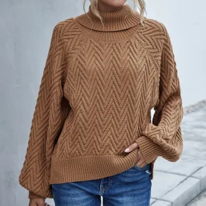 Comfortable Casual Fall Winter Brown Knitting Sweaters 2021 High Neck Long Sleeve Loose Women Tops