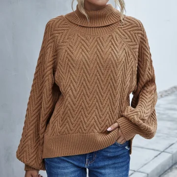 Confortable Désinvolte Tomber Hiver Marron Tricot Chandails 2021 Col Haut Manches Longues Ample Femme Hauts