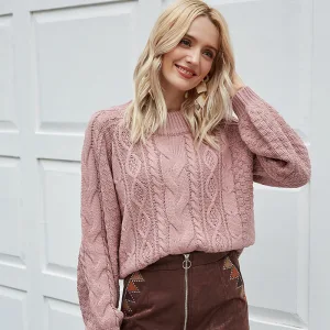 Fall Winter Street Wear Blushing Pink Knitting Sweaters 2021 Loose Scoop Neck Long Sleeve Women Tops