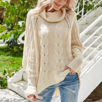 Fall Winter Street Wear Beige Knitting Loose Sweaters 2021 High Neck Bat Sleeve Women Tops