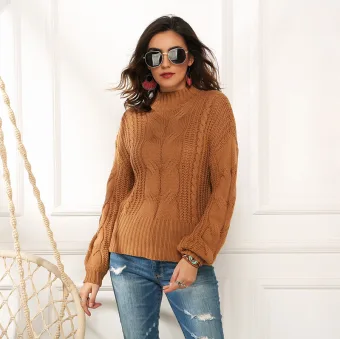 Fall Winter Street Wear Brown Knitting Sweaters 2021 Cotton High Neck Long Sleeve Loose Women Tops