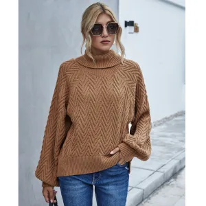 Comfortable Brown Fall Casual Winter Knitting Sweaters 2021 High Neck Long Sleeve Loose Women Tops