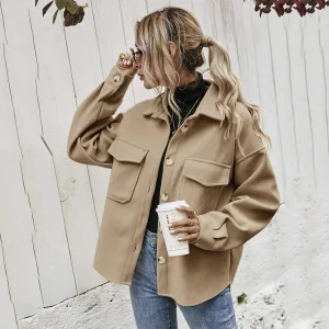 Fashion Khaki Fall Winter Street Wear Coats Jackets 2021 Lapel Long Sleeve Loose Women Tops