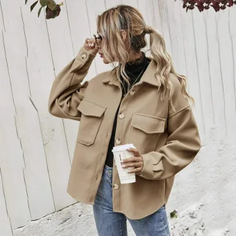 Moda Khaki Spadek Zima Zużycie Ulicy Płaszcze Kurtki 2021 Klapami Długie Rękawy Luźny Kobiety Topy