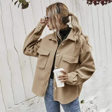 Mode Kaki Tomber Hiver Vêtement De Rue Manteaux Vestes 2021 Revers Manches Longues Ample Femme Hauts