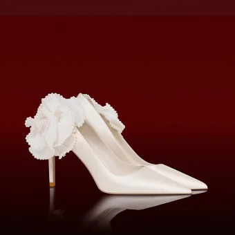 Élégant Ivoire Perle Fleur Satin Chaussure De Mariée 2021 8 Cm Talons Aiguilles À Bout Pointu Escarpins Talons Hauts