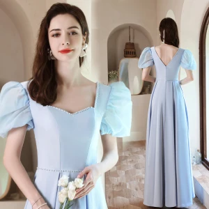 Élégant Bleu Ciel Perle Robe De Bal 2021 Princesse Encolure Carrée Manches Courtes Dos Nu Longue Robe De Ceremonie