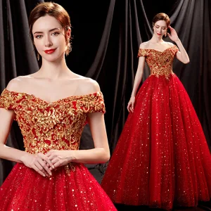 Sparkly Rød Glitter Beading Paljetter Ballkjoler 2021 Prinsesse Av Skulderen Uten Ermer Ryggløse Lange Formelle Kjoler