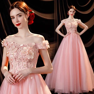 Charmant Rose Bonbon Faux Diamant En Dentelle Fleur Appliques Robe De Bal 2021 Princesse De L Épaule Sans Manches Dos Nu Longue Robe De Ceremonie
