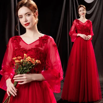 Chic Belle Rouge En Dentelle Fleur Robe De Bal 2021 Princesse V Cou Manches De Cloche Dos Nu Longue Robe De Ceremonie