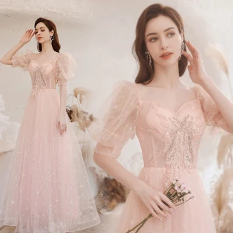 Charmant Perlage Paillettes Perle Rose Robe De Bal 2021 Princesse Encolure Carrée En Dentelle Manches Courtes Longue Robe De Ceremonie
