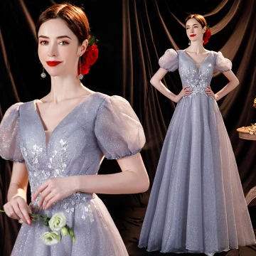 Bling Bling Gris Glitter Perlage Paillettes Appliques Robe De Bal 2021 Princesse V Cou Gonflée Manches Courtes Dos Nu Longue Robe De Ceremonie
