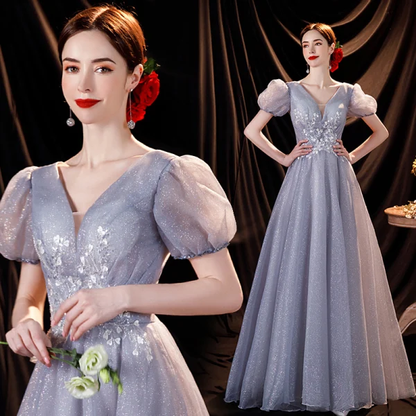 Bling Bling Gris Glitter Perlage Paillettes Appliques Robe De Bal 2021 Princesse V-Cou Gonflée Manches Courtes Dos Nu Longue Robe De Ceremonie