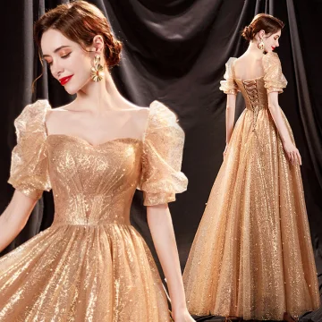 Sparkly Gold Pearl Sequins Prom Dresses 2021 A Line Princess Square Neckline Short Sleeve Backless Floor Length Long Formal Dresses
