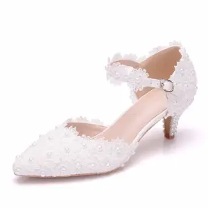 Elegant White Pearl Lace Flower Wedding Shoes 2021 Ankle Strap 5 Cm Stiletto Heels Pointed Toe Wedding High Heels