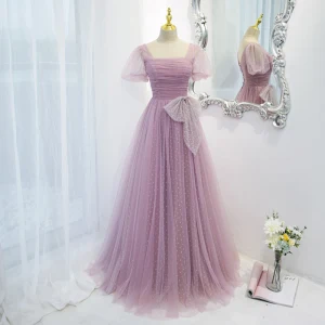 Chic Beautiful Lilac Ruffle Spotted Prom Dresses 2021 A Line Princess Square Neckline Bow Short Sleeve Floor Length Long Formal Dresses