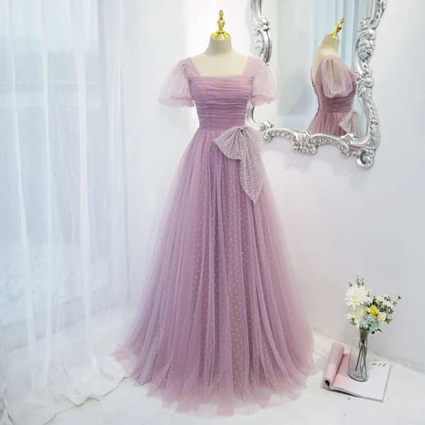 Chic / Beautiful Lilac Ruffle Spotted Prom Dresses 2021 A-Line / Princess Square Neckline Bow Short Sleeve Floor-Length / Long Formal Dresses