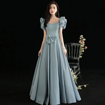 Vintage Originale Bleu Ciel Robe De Bal 2021 Princesse Encolure Carrée Perle Gonflée Manches Courtes Dos Nu Longue Robe De Ceremonie