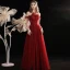 Charming Burgundy Pearl Bow Prom Dresses 2021 Off-The-Shoulder A-Line / Princess Sleeveless Backless Floor-Length / Long Formal Dresses