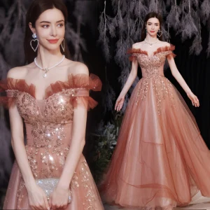 Charming Watermelon Prom Dresses 2021 A Line Princess Off The Shoulder Beading Sequins Short Sleeve Backless Floor Length Long Formal Dresses
