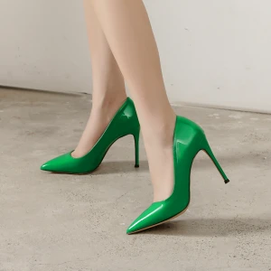 Mode Vert Vêtement De Rue Cuir Escarpins 2021 Cuir Verni 10 Cm Talons Aiguilles À Bout Pointu Escarpins