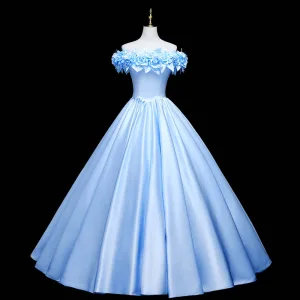 Élégant Bleu Ciel Fleur Robe De Bal 2021 Robe Boule Satin De L Épaule Sans Manches Dos Nu Longue Robe De Ceremonie